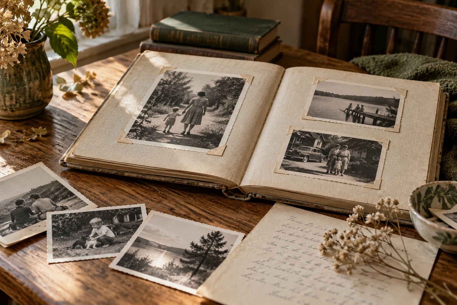 Rodzinny album, stare fotografie i list na drewnianym stole